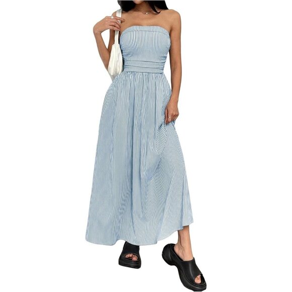 Dresses & Skirts - Women's Blue And White Strapless Maxi Dress Summer Tube Top Long With Pocket